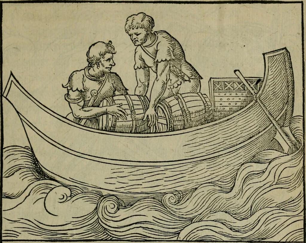 An illustration from Lazari Bayfii annotationes in L.II. : De captivis, et postliminio reversis. in qvibvs tractatvr de re navali : eivsdem annotationes in tractatum de auro & argeto leg. quibus, vestimentoru, & vasculorum genera explicantur. Antonii Thylesii de coloribus libellus, à coloribus vestium non alienus, 1536, leaf 122