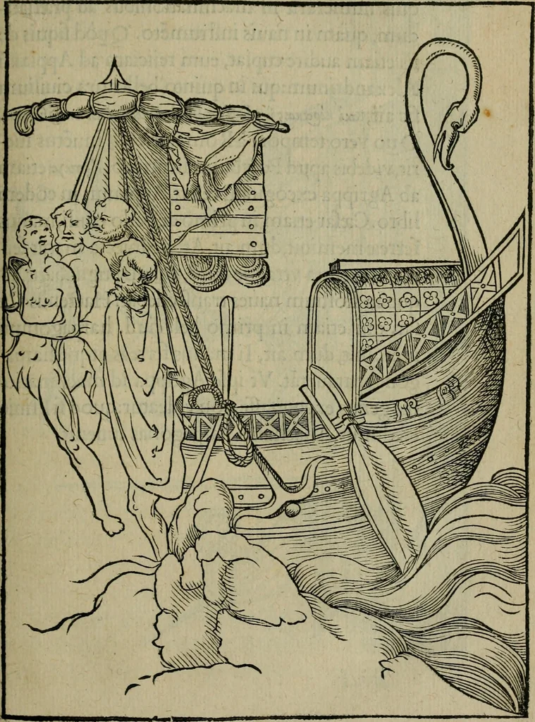 An illustration from Lazari Bayfii annotationes in L.II. : De captivis, et postliminio reversis. in qvibvs tractatvr de re navali : eivsdem annotationes in tractatum de auro & argeto leg. quibus, vestimentoru, & vasculorum genera explicantur. Antonii Thylesii de coloribus libellus, à coloribus vestium non alienus, 1536, leaf 162