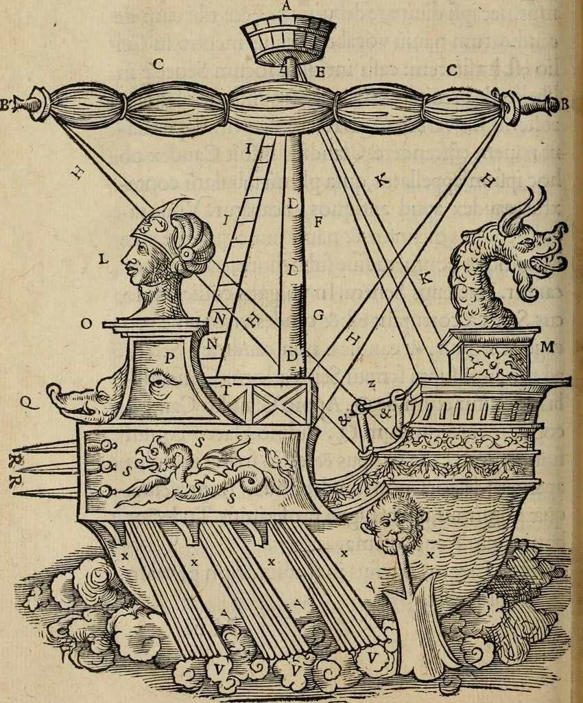 An illustration from Lazari Bayfii annotationes in L.II. : De captivis, et postliminio reversis. in qvibvs tractatvr de re navali : eivsdem annotationes in tractatum de auro & argeto leg. quibus, vestimentoru, & vasculorum genera explicantur. Antonii Thylesii de coloribus libellus, à coloribus vestium non alienus, 1536, leaf 177