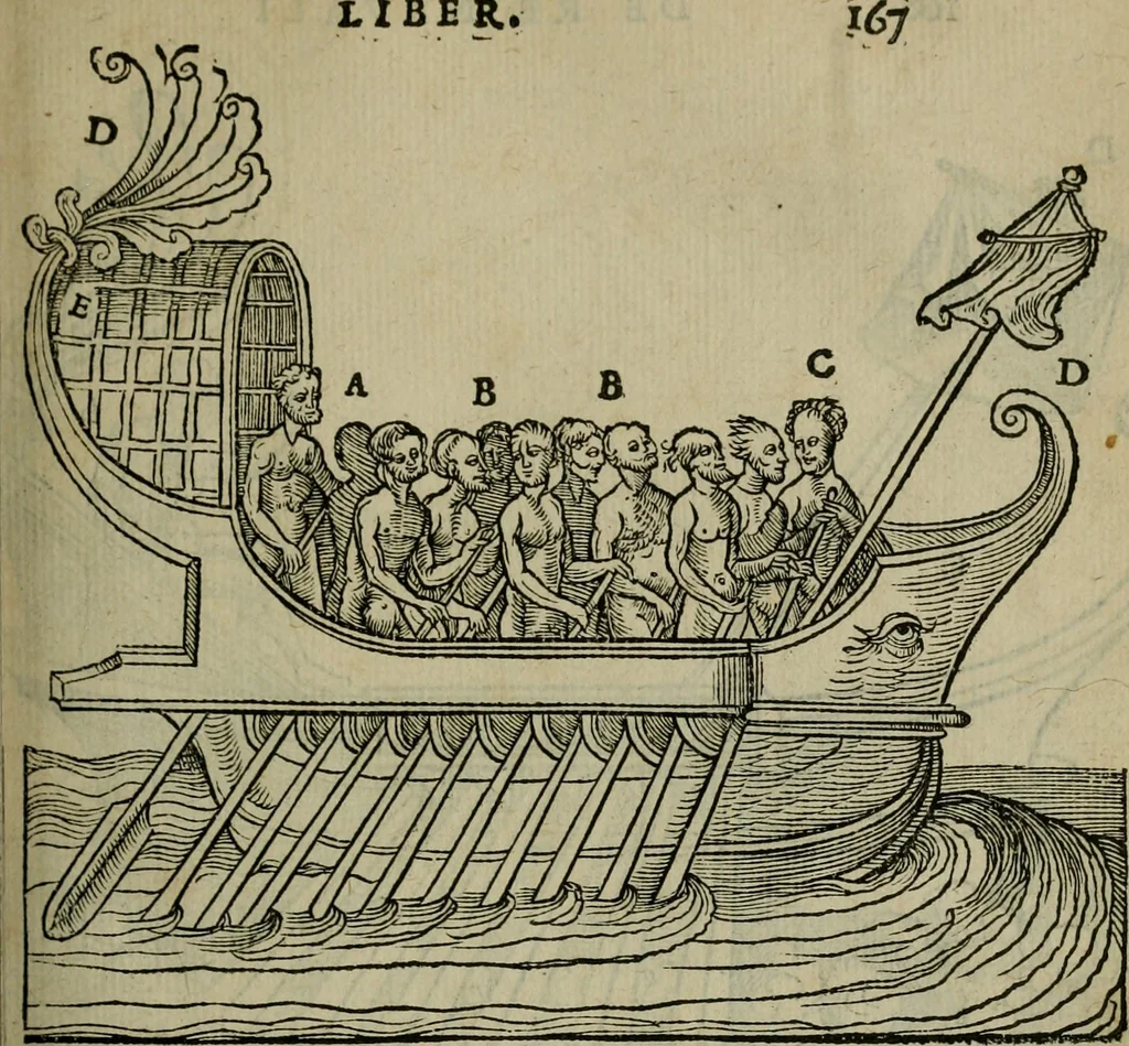An illustration from Lazari Bayfii annotationes in L.II. : De captivis, et postliminio reversis. in qvibvs tractatvr de re navali : eivsdem annotationes in tractatum de auro & argeto leg. quibus, vestimentoru, & vasculorum genera explicantur. Antonii Thylesii de coloribus libellus, à coloribus vestium non alienus, 1536, leaf 180