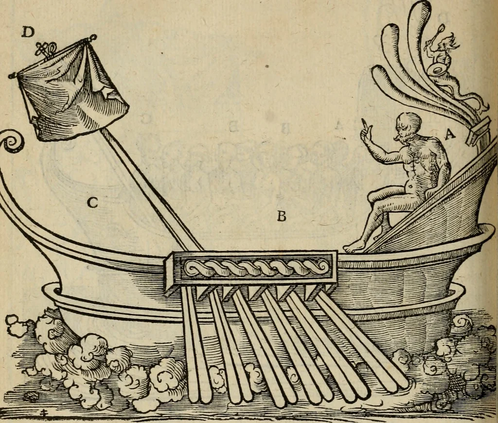 An illustration from Lazari Bayfii annotationes in L.II. : De captivis, et postliminio reversis. in qvibvs tractatvr de re navali : eivsdem annotationes in tractatum de auro & argeto leg. quibus, vestimentoru, & vasculorum genera explicantur. Antonii Thylesii de coloribus libellus, à coloribus vestium non alienus, 1536, leaf 181