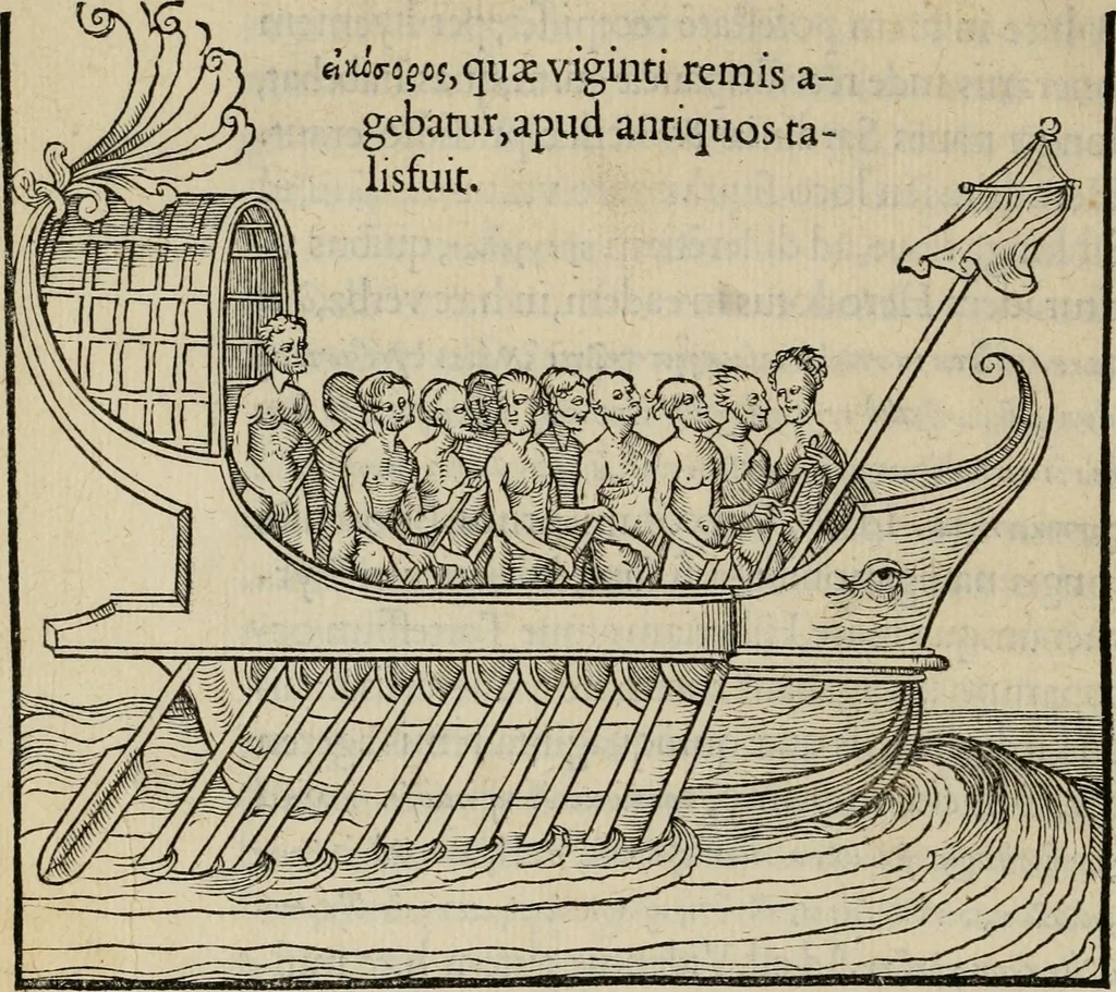 An illustration from Lazari Bayfii annotationes in L.II. : De captivis, et postliminio reversis. in qvibvs tractatvr de re navali : eivsdem annotationes in tractatum de auro & argeto leg. quibus, vestimentoru, & vasculorum genera explicantur. Antonii Thylesii de coloribus libellus, à coloribus vestium non alienus, 1536, leaf 21