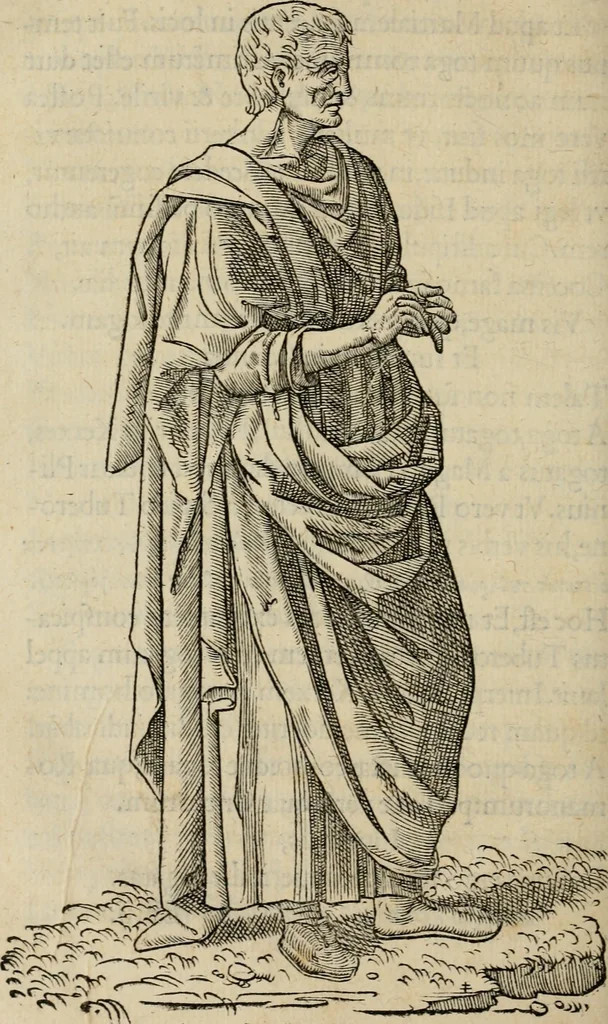 An illustration from Lazari Bayfii annotationes in L.II. : De captivis, et postliminio reversis. in qvibvs tractatvr de re navali : eivsdem annotationes in tractatum de auro & argeto leg. quibus, vestimentoru, & vasculorum genera explicantur. Antonii Thylesii de coloribus libellus, à coloribus vestium non alienus, 1536, leaf 233