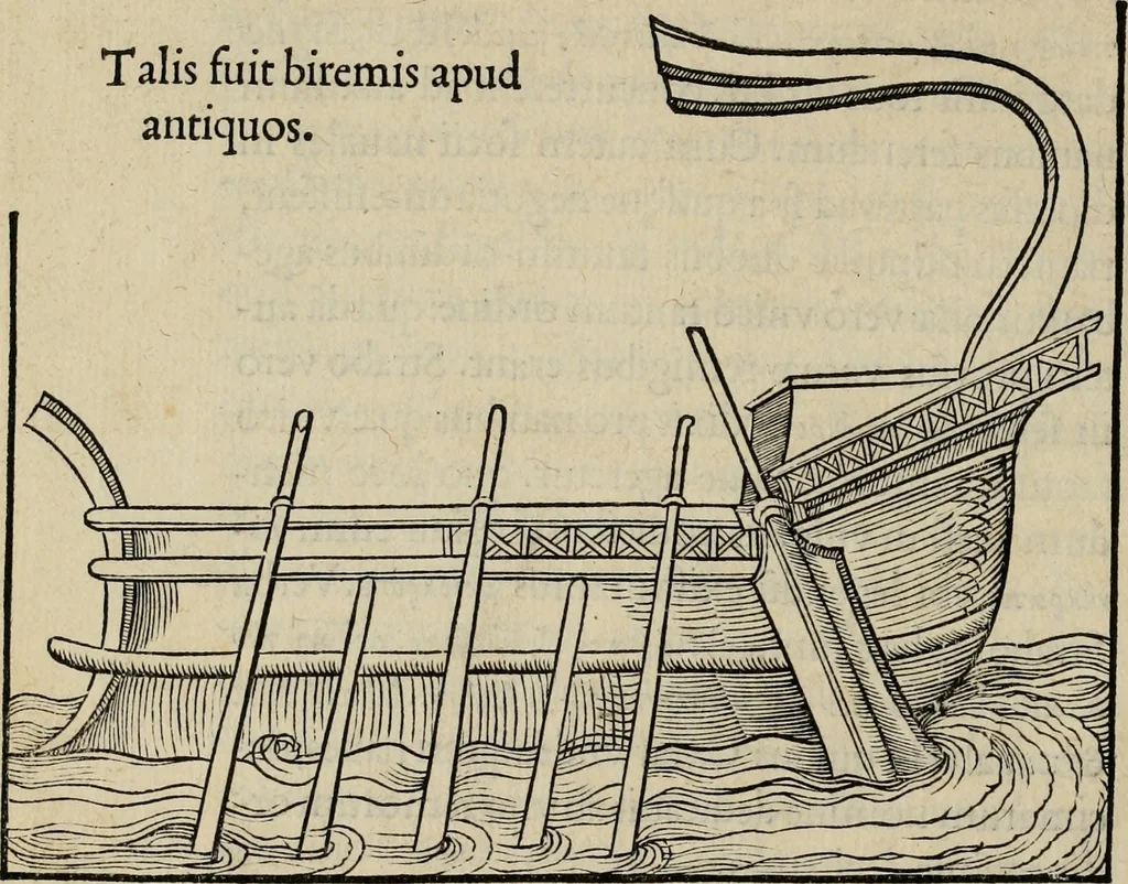 An illustration from Lazari Bayfii annotationes in L.II. : De captivis, et postliminio reversis. in qvibvs tractatvr de re navali : eivsdem annotationes in tractatum de auro & argeto leg. quibus, vestimentoru, & vasculorum genera explicantur. Antonii Thylesii de coloribus libellus, à coloribus vestium non alienus, 1536, leaf 25