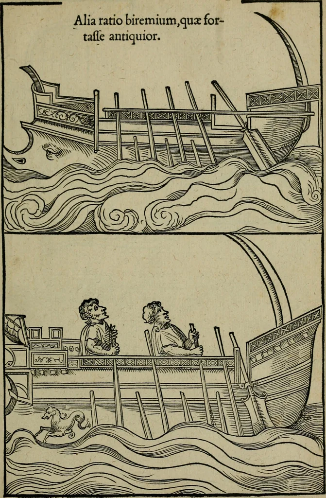 An illustration from Lazari Bayfii annotationes in L.II. : De captivis, et postliminio reversis. in qvibvs tractatvr de re navali : eivsdem annotationes in tractatum de auro & argeto leg. quibus, vestimentoru, & vasculorum genera explicantur. Antonii Thylesii de coloribus libellus, à coloribus vestium non alienus, 1536, leaf 26