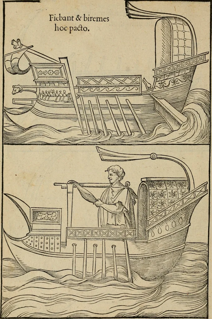 An illustration from Lazari Bayfii annotationes in L.II. : De captivis, et postliminio reversis. in qvibvs tractatvr de re navali : eivsdem annotationes in tractatum de auro & argeto leg. quibus, vestimentoru, & vasculorum genera explicantur. Antonii Thylesii de coloribus libellus, à coloribus vestium non alienus, 1536, leaf 27