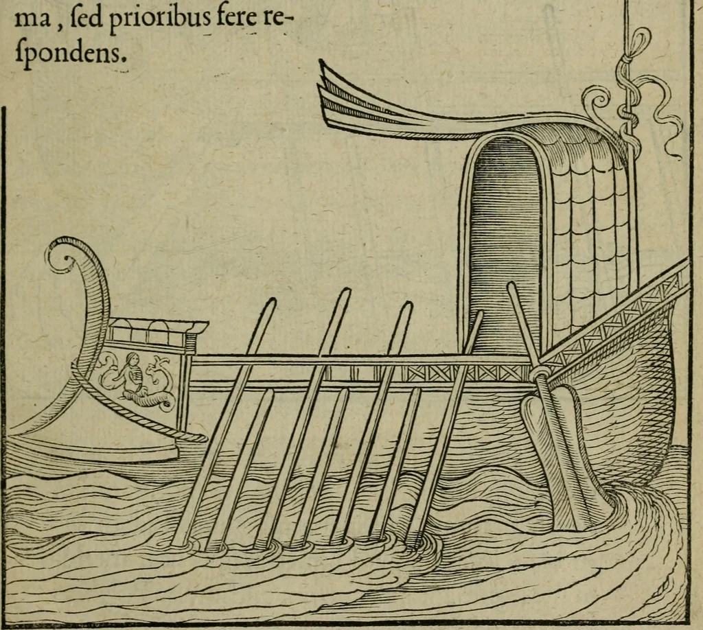 An illustration from Lazari Bayfii annotationes in L.II. : De captivis, et postliminio reversis. in qvibvs tractatvr de re navali : eivsdem annotationes in tractatum de auro & argeto leg. quibus, vestimentoru, & vasculorum genera explicantur. Antonii Thylesii de coloribus libellus, à coloribus vestium non alienus, 1536, leaf 28
