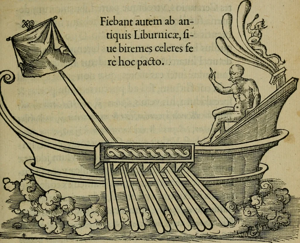 An illustration from Lazari Bayfii annotationes in L.II. : De captivis, et postliminio reversis. in qvibvs tractatvr de re navali : eivsdem annotationes in tractatum de auro & argeto leg. quibus, vestimentoru, & vasculorum genera explicantur. Antonii Thylesii de coloribus libellus, à coloribus vestium non alienus, 1536, leaf 32