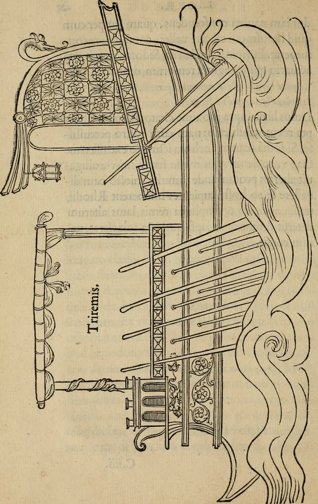 An illustration from Lazari Bayfii annotationes in L.II. : De captivis, et postliminio reversis. in qvibvs tractatvr de re navali : eivsdem annotationes in tractatum de auro & argeto leg. quibus, vestimentoru, & vasculorum genera explicantur. Antonii Thylesii de coloribus libellus, à coloribus vestium non alienus, 1536, leaf 37