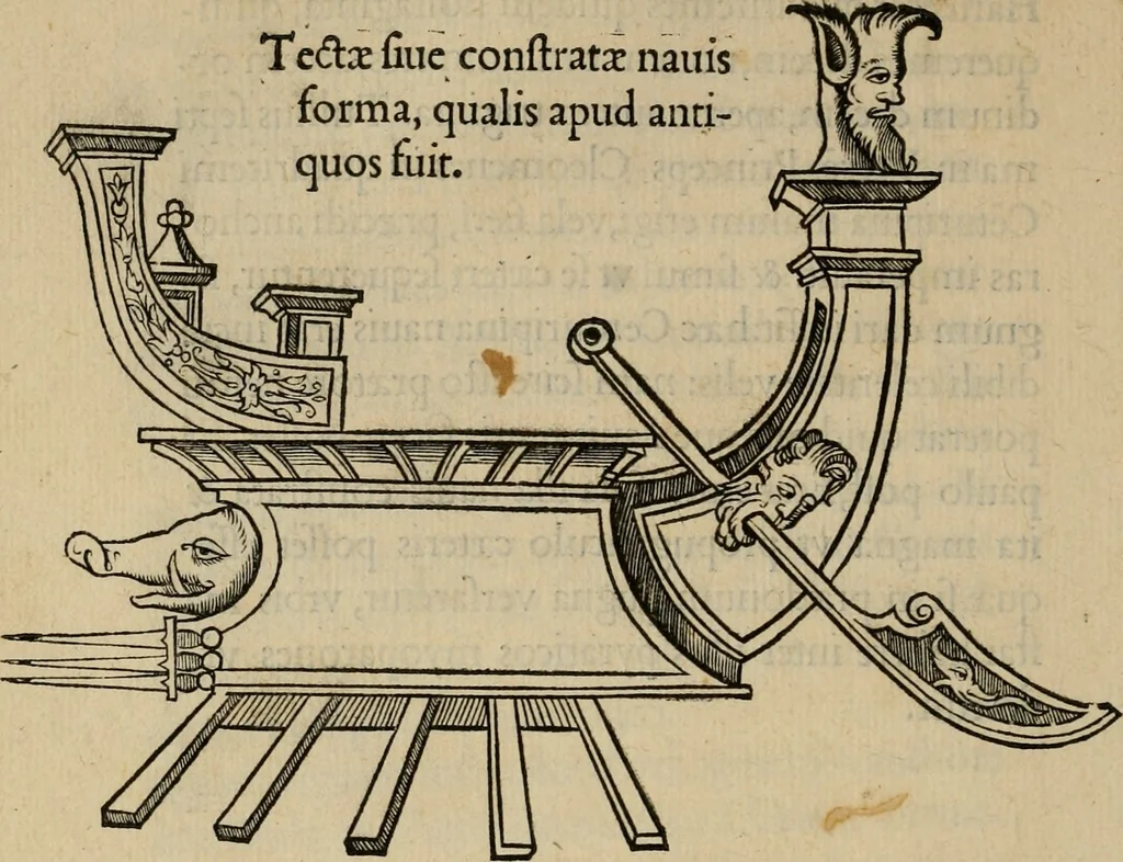 An illustration from Lazari Bayfii annotationes in L.II. : De captivis, et postliminio reversis. in qvibvs tractatvr de re navali : eivsdem annotationes in tractatum de auro & argeto leg. quibus, vestimentoru, & vasculorum genera explicantur. Antonii Thylesii de coloribus libellus, à coloribus vestium non alienus, 1536, leaf 41