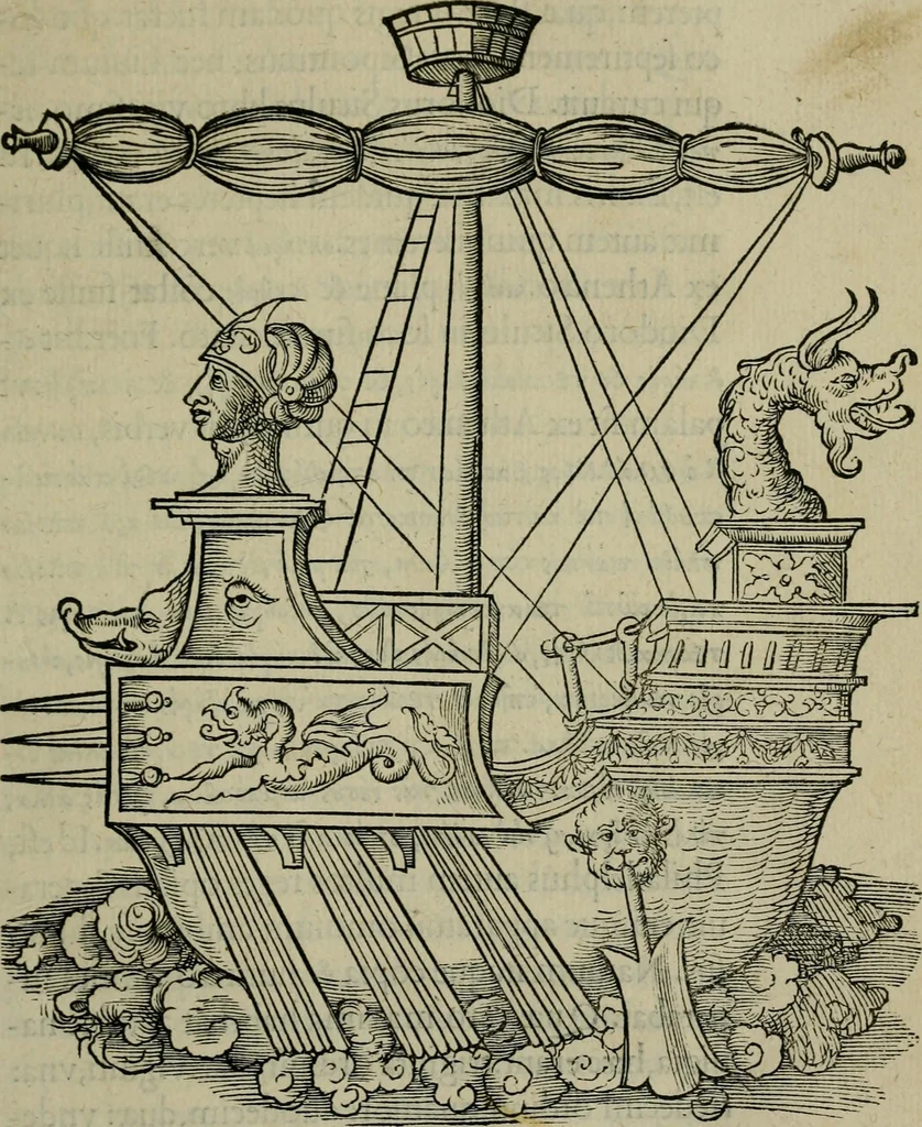 An illustration from Lazari Bayfii annotationes in L.II. : De captivis, et postliminio reversis. in qvibvs tractatvr de re navali : eivsdem annotationes in tractatum de auro & argeto leg. quibus, vestimentoru, & vasculorum genera explicantur. Antonii Thylesii de coloribus libellus, à coloribus vestium non alienus, 1536, leaf 50