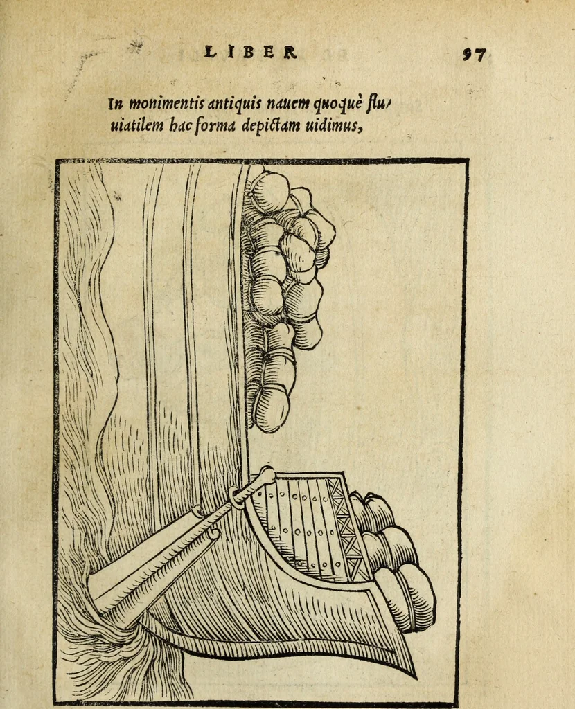An illustration from Lazari Bayfii annotationes in legem II : De captiuis & postliminio reuersis, in quibus tractatur De re nauali, per autorem recognitæ : eivsdem annotationes in tractatum De auro & argento legato, quibus vestimẽtoru ̃& vasculorũ genera explicat̃ur : his omnibus imagines ab antiquissimis monumentis desumptas ad argumenti declaratione ̃subiunximus. Item Antonii Thylesii De coloribus libellus, à coloribus uestium non alienus, 1537, leaf 100