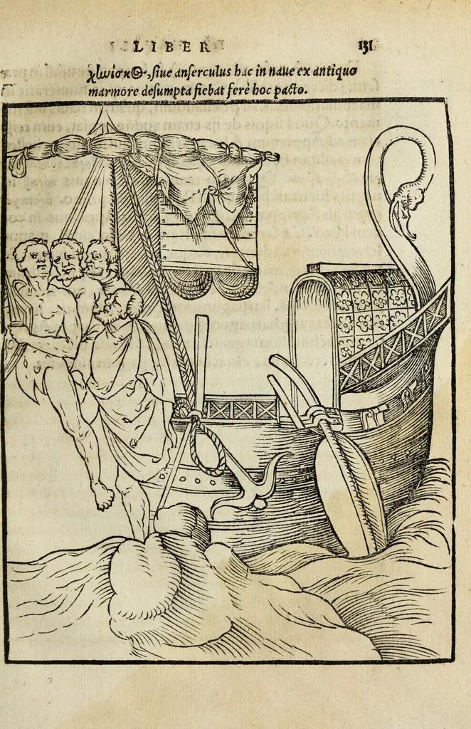 An illustration from Lazari Bayfii annotationes in legem II : De captiuis & postliminio reuersis, in quibus tractatur De re nauali, per autorem recognitæ : eivsdem annotationes in tractatum De auro & argento legato, quibus vestimẽtoru ̃& vasculorũ genera explicat̃ur : his omnibus imagines ab antiquissimis monumentis desumptas ad argumenti declaratione ̃subiunximus. Item Antonii Thylesii De coloribus libellus, à coloribus uestium non alienus, 1537, leaf 134