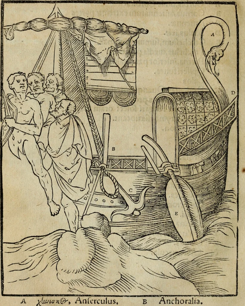 An illustration from Lazari Bayfii annotationes in legem II : De captiuis & postliminio reuersis, in quibus tractatur De re nauali, per autorem recognitæ : eivsdem annotationes in tractatum De auro & argento legato, quibus vestimẽtoru ̃& vasculorũ genera explicat̃ur : his omnibus imagines ab antiquissimis monumentis desumptas ad argumenti declaratione ̃subiunximus. Item Antonii Thylesii De coloribus libellus, à coloribus uestium non alienus, 1537, leaf 149