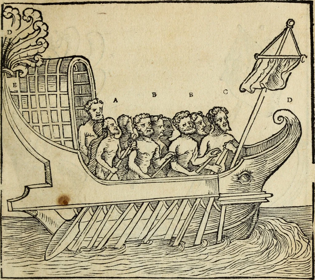 An illustration from Lazari Bayfii annotationes in legem II : De captiuis & postliminio reuersis, in quibus tractatur De re nauali, per autorem recognitæ : eivsdem annotationes in tractatum De auro & argento legato, quibus vestimẽtoru ̃& vasculorũ genera explicat̃ur : his omnibus imagines ab antiquissimis monumentis desumptas ad argumenti declaratione ̃subiunximus. Item Antonii Thylesii De coloribus libellus, à coloribus uestium non alienus, 1537, leaf 150