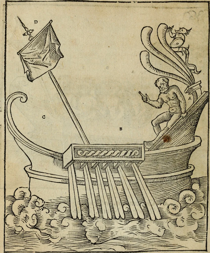 An illustration from Lazari Bayfii annotationes in legem II : De captiuis & postliminio reuersis, in quibus tractatur De re nauali, per autorem recognitæ : eivsdem annotationes in tractatum De auro & argento legato, quibus vestimẽtoru ̃& vasculorũ genera explicat̃ur : his omnibus imagines ab antiquissimis monumentis desumptas ad argumenti declaratione ̃subiunximus. Item Antonii Thylesii De coloribus libellus, à coloribus uestium non alienus, 1537, leaf 151