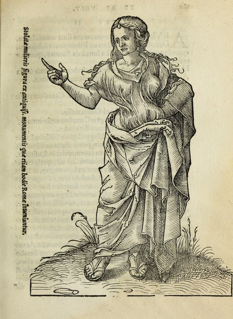 An illustration from Lazari Bayfii annotationes in legem II : De captiuis & postliminio reuersis, in quibus tractatur De re nauali, per autorem recognitæ : eivsdem annotationes in tractatum De auro & argento legato, quibus vestimẽtoru ̃& vasculorũ genera explicat̃ur : his omnibus imagines ab antiquissimis monumentis desumptas ad argumenti declaratione ̃subiunximus. Item Antonii Thylesii De coloribus libellus, à coloribus uestium non alienus, 1537, leaf 162