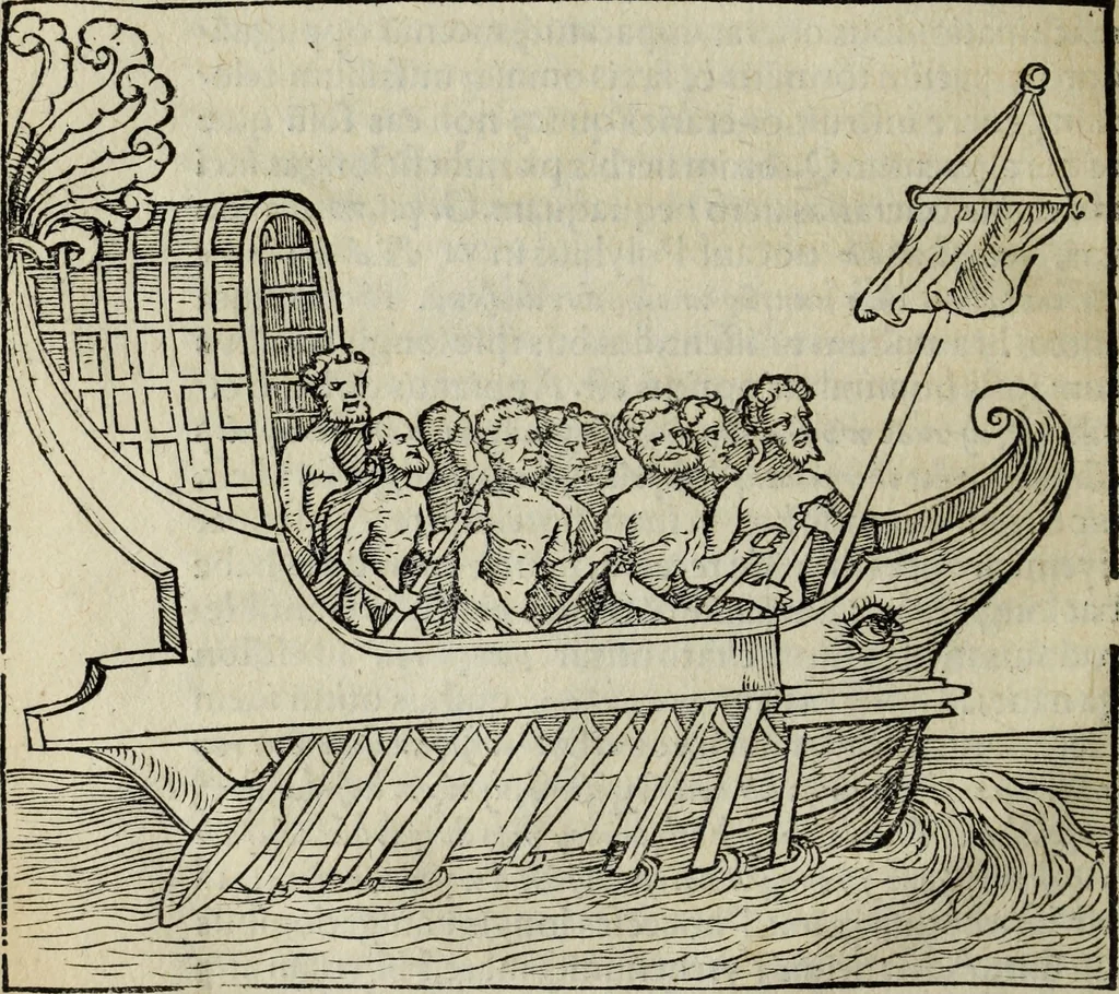 An illustration from Lazari Bayfii annotationes in legem II : De captiuis & postliminio reuersis, in quibus tractatur De re nauali, per autorem recognitæ : eivsdem annotationes in tractatum De auro & argento legato, quibus vestimẽtoru ̃& vasculorũ genera explicat̃ur : his omnibus imagines ab antiquissimis monumentis desumptas ad argumenti declaratione ̃subiunximus. Item Antonii Thylesii De coloribus libellus, à coloribus uestium non alienus, 1537, leaf 17