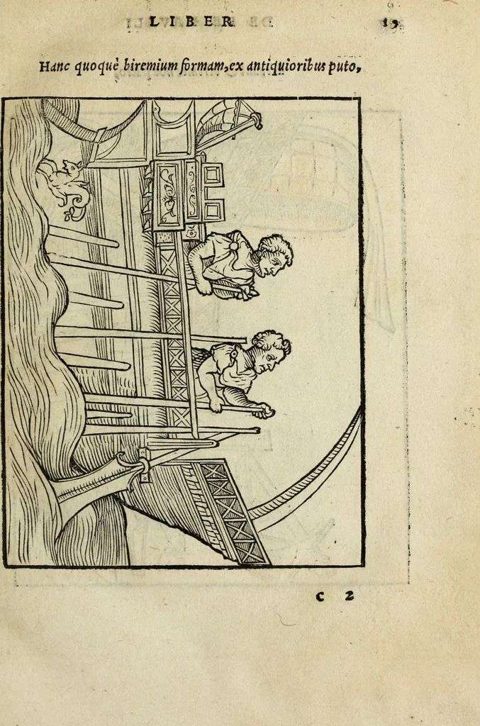 An illustration from Lazari Bayfii annotationes in legem II : De captiuis & postliminio reuersis, in quibus tractatur De re nauali, per autorem recognitæ : eivsdem annotationes in tractatum De auro & argento legato, quibus vestimẽtoru ̃& vasculorũ genera explicat̃ur : his omnibus imagines ab antiquissimis monumentis desumptas ad argumenti declaratione ̃subiunximus. Item Antonii Thylesii De coloribus libellus, à coloribus uestium non alienus, 1537, leaf 22