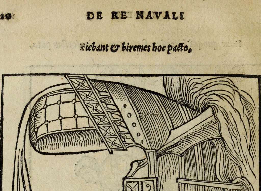 An illustration from Lazari Bayfii annotationes in legem II : De captiuis & postliminio reuersis, in quibus tractatur De re nauali, per autorem recognitæ : eivsdem annotationes in tractatum De auro & argento legato, quibus vestimẽtoru ̃& vasculorũ genera explicat̃ur : his omnibus imagines ab antiquissimis monumentis desumptas ad argumenti declaratione ̃subiunximus. Item Antonii Thylesii De coloribus libellus, à coloribus uestium non alienus, 1537, leaf 23