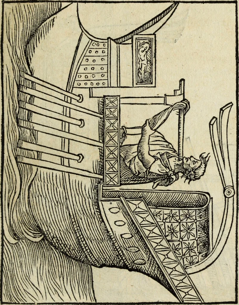 An illustration from Lazari Bayfii annotationes in legem II : De captiuis & postliminio reuersis, in quibus tractatur De re nauali, per autorem recognitæ : eivsdem annotationes in tractatum De auro & argento legato, quibus vestimẽtoru ̃& vasculorũ genera explicat̃ur : his omnibus imagines ab antiquissimis monumentis desumptas ad argumenti declaratione ̃subiunximus. Item Antonii Thylesii De coloribus libellus, à coloribus uestium non alienus, 1537, leaf 24