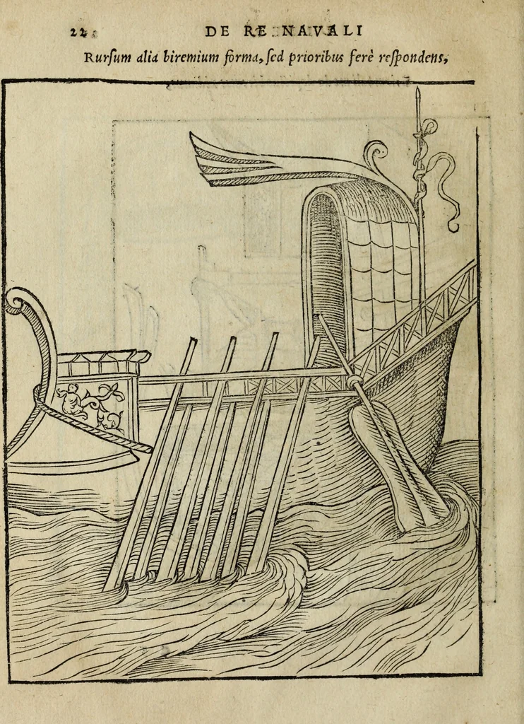 An illustration from Lazari Bayfii annotationes in legem II : De captiuis & postliminio reuersis, in quibus tractatur De re nauali, per autorem recognitæ : eivsdem annotationes in tractatum De auro & argento legato, quibus vestimẽtoru ̃& vasculorũ genera explicat̃ur : his omnibus imagines ab antiquissimis monumentis desumptas ad argumenti declaratione ̃subiunximus. Item Antonii Thylesii De coloribus libellus, à coloribus uestium non alienus, 1537, leaf 25