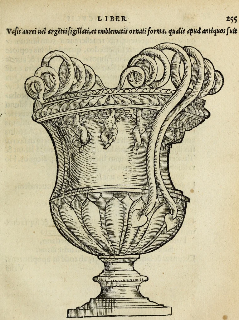 An illustration from Lazari Bayfii annotationes in legem II : De captiuis & postliminio reuersis, in quibus tractatur De re nauali, per autorem recognitæ : eivsdem annotationes in tractatum De auro & argento legato, quibus vestimẽtoru ̃& vasculorũ genera explicat̃ur : his omnibus imagines ab antiquissimis monumentis desumptas ad argumenti declaratione ̃subiunximus. Item Antonii Thylesii De coloribus libellus, à coloribus uestium non alienus, 1537, leaf 258