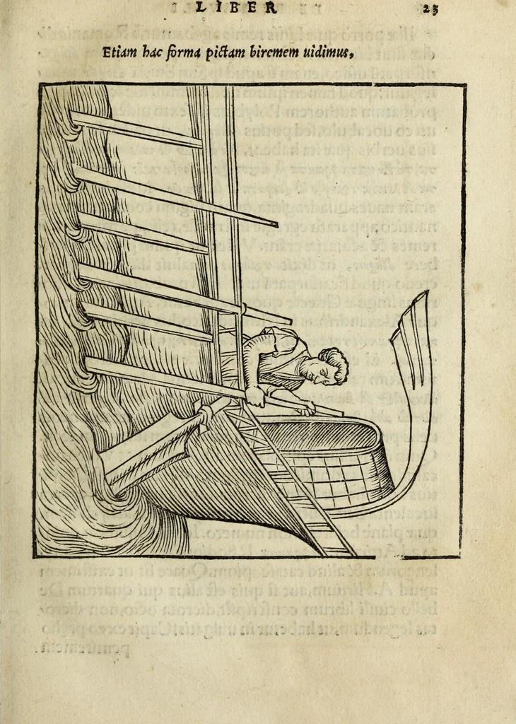 An illustration from Lazari Bayfii annotationes in legem II : De captiuis & postliminio reuersis, in quibus tractatur De re nauali, per autorem recognitæ : eivsdem annotationes in tractatum De auro & argento legato, quibus vestimẽtoru ̃& vasculorũ genera explicat̃ur : his omnibus imagines ab antiquissimis monumentis desumptas ad argumenti declaratione ̃subiunximus. Item Antonii Thylesii De coloribus libellus, à coloribus uestium non alienus, 1537, leaf 26