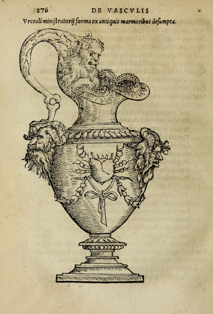 An illustration from Lazari Bayfii annotationes in legem II : De captiuis & postliminio reuersis, in quibus tractatur De re nauali, per autorem recognitæ : eivsdem annotationes in tractatum De auro & argento legato, quibus vestimẽtoru ̃& vasculorũ genera explicat̃ur : his omnibus imagines ab antiquissimis monumentis desumptas ad argumenti declaratione ̃subiunximus. Item Antonii Thylesii De coloribus libellus, à coloribus uestium non alienus, 1537, leaf 279