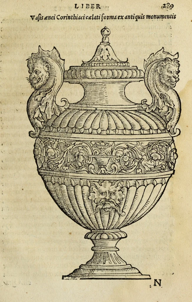 An illustration from Lazari Bayfii annotationes in legem II : De captiuis & postliminio reuersis, in quibus tractatur De re nauali, per autorem recognitæ : eivsdem annotationes in tractatum De auro & argento legato, quibus vestimẽtoru ̃& vasculorũ genera explicat̃ur : his omnibus imagines ab antiquissimis monumentis desumptas ad argumenti declaratione ̃subiunximus. Item Antonii Thylesii De coloribus libellus, à coloribus uestium non alienus, 1537, leaf 292