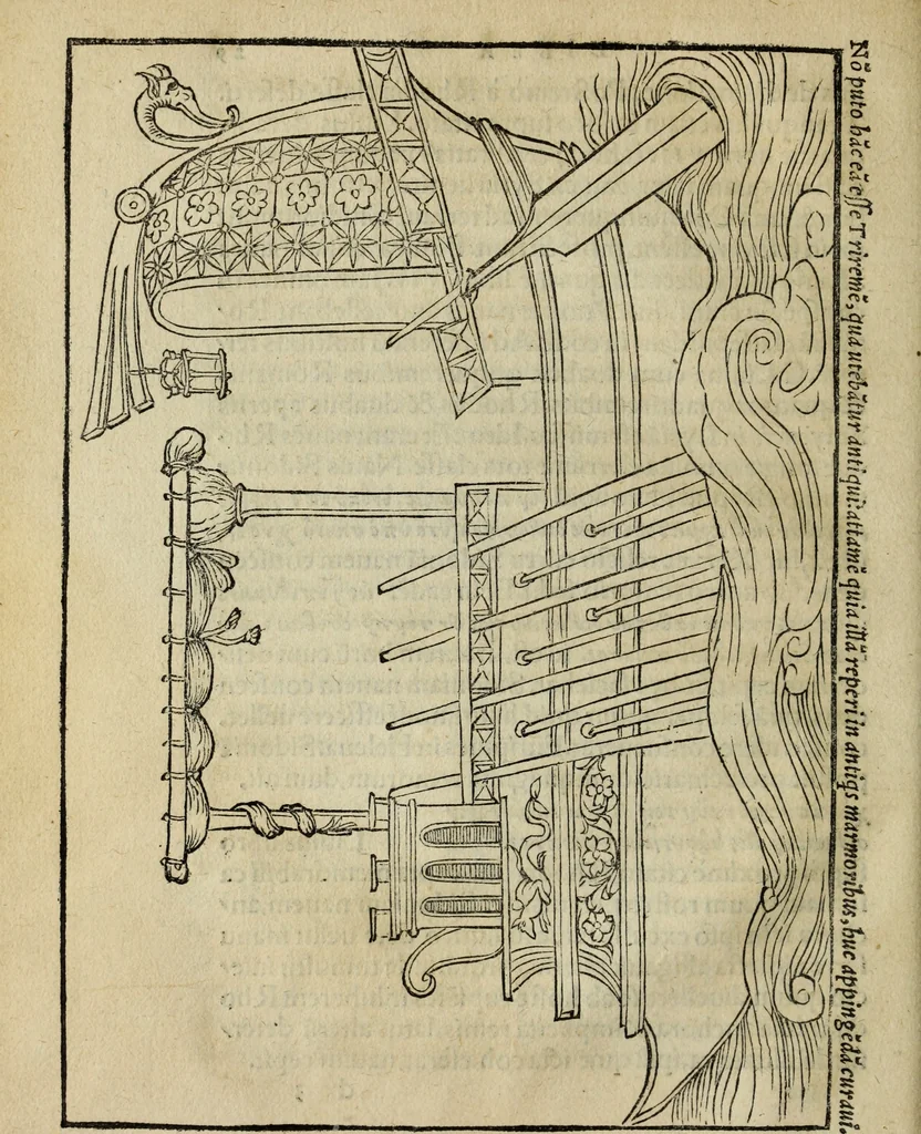 An illustration from Lazari Bayfii annotationes in legem II : De captiuis & postliminio reuersis, in quibus tractatur De re nauali, per autorem recognitæ : eivsdem annotationes in tractatum De auro & argento legato, quibus vestimẽtoru ̃& vasculorũ genera explicat̃ur : his omnibus imagines ab antiquissimis monumentis desumptas ad argumenti declaratione ̃subiunximus. Item Antonii Thylesii De coloribus libellus, à coloribus uestium non alienus, 1537, leaf 33