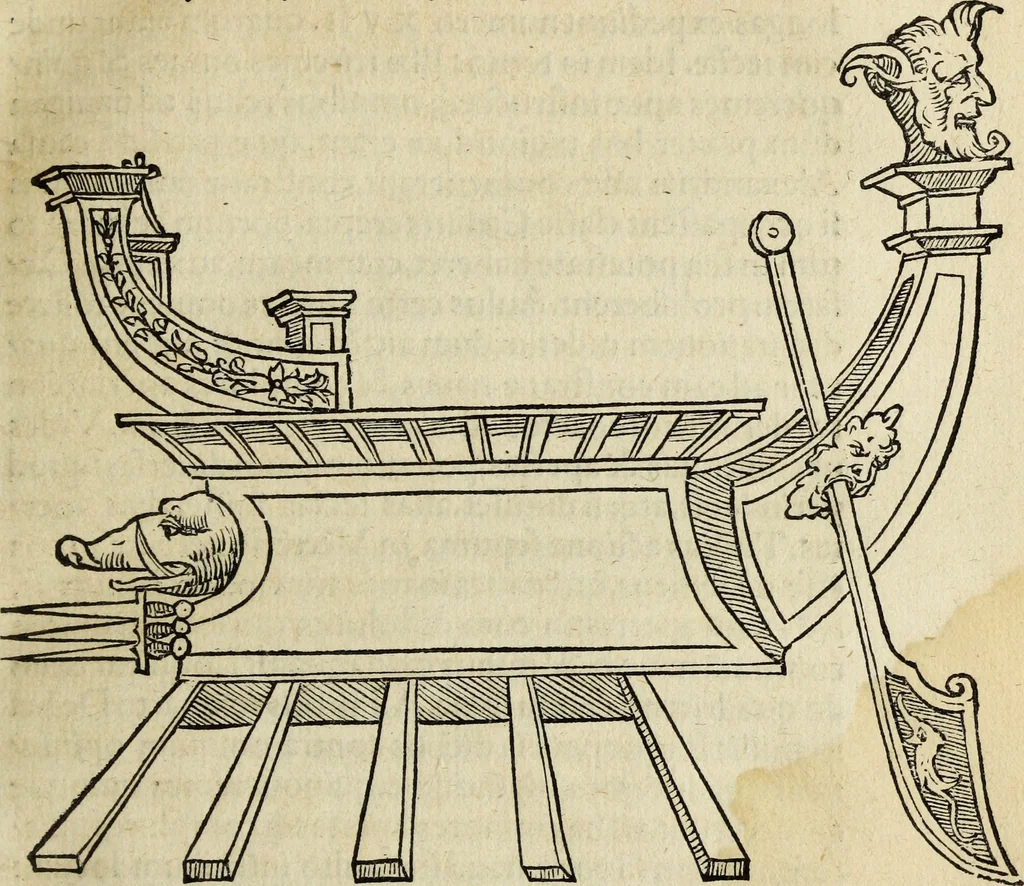 An illustration from Lazari Bayfii annotationes in legem II : De captiuis & postliminio reuersis, in quibus tractatur De re nauali, per autorem recognitæ : eivsdem annotationes in tractatum De auro & argento legato, quibus vestimẽtoru ̃& vasculorũ genera explicat̃ur : his omnibus imagines ab antiquissimis monumentis desumptas ad argumenti declaratione ̃subiunximus. Item Antonii Thylesii De coloribus libellus, à coloribus uestium non alienus, 1537, leaf 36