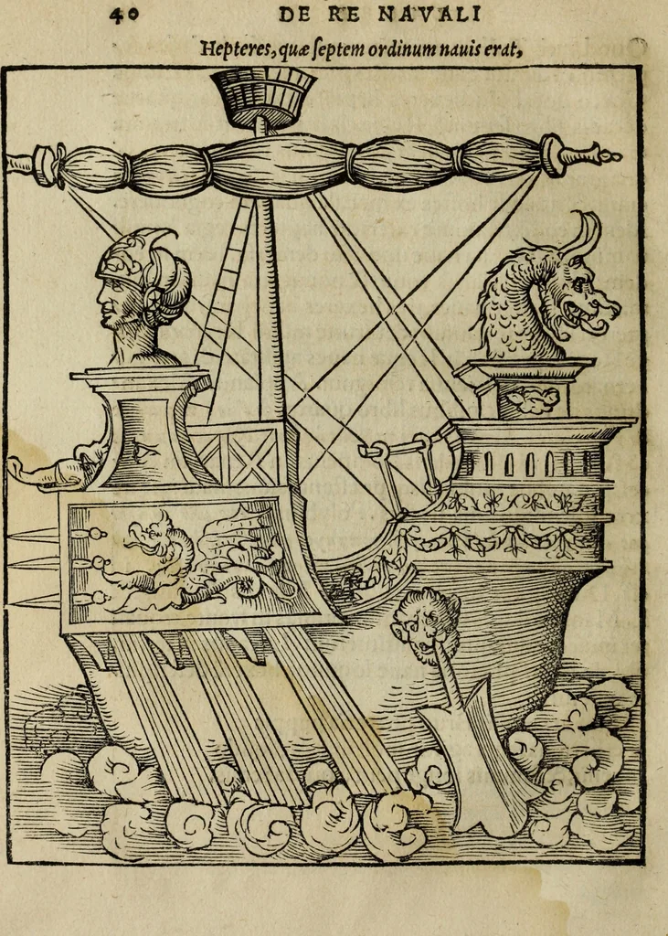 An illustration from Lazari Bayfii annotationes in legem II : De captiuis & postliminio reuersis, in quibus tractatur De re nauali, per autorem recognitæ : eivsdem annotationes in tractatum De auro & argento legato, quibus vestimẽtoru ̃& vasculorũ genera explicat̃ur : his omnibus imagines ab antiquissimis monumentis desumptas ad argumenti declaratione ̃subiunximus. Item Antonii Thylesii De coloribus libellus, à coloribus uestium non alienus, 1537, leaf 43