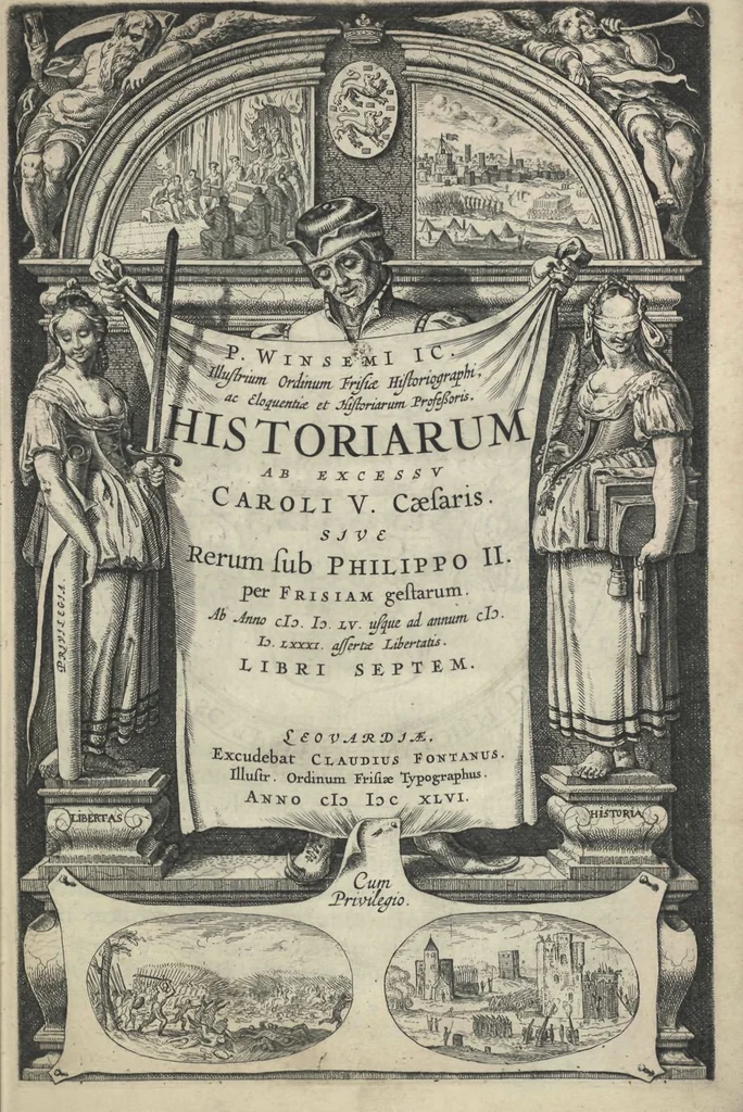 An illustration from P. WinsemI IC. illustrium Ordinum Frisiae Historiographi ac eloquentiae et historiarum professoris Historiarum ab excessv Caroli V. caesaris, sive, Rerum sub Philippo II. per Frisiam gestarum, 1646, leaf 8