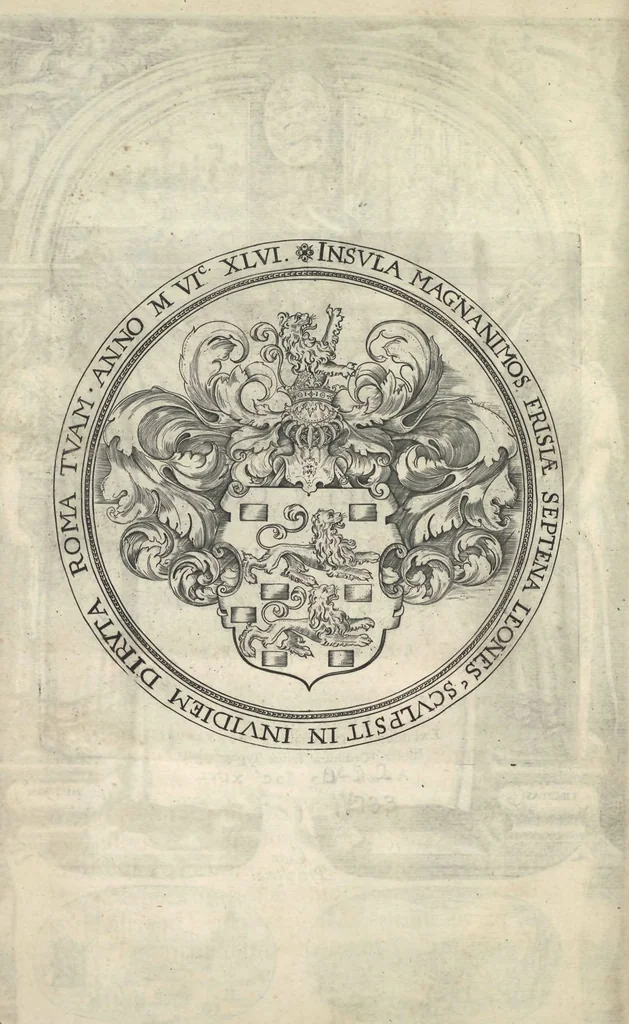 An illustration from P. WinsemI IC. illustrium Ordinum Frisiae Historiographi ac eloquentiae et historiarum professoris Historiarum ab excessv Caroli V. caesaris, sive, Rerum sub Philippo II. per Frisiam gestarum, 1646, leaf 9