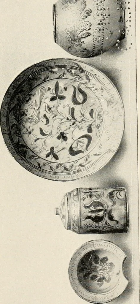 An illustration from Lead glazed pottery. Part first (common clays): plain glazed, sgraffito and slip-decorated wares, 1907, leaf 28