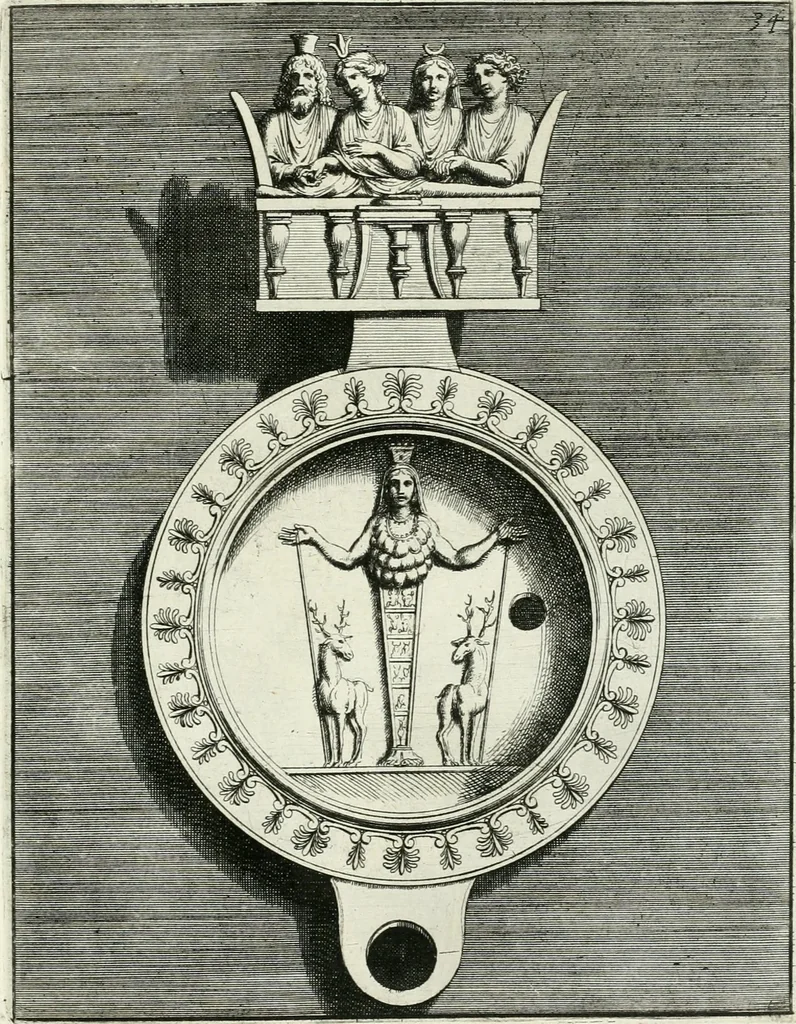 An illustration from Le antiche lucerne sepolcrali figurate : raccolte dalle caue sotterranee e grotte di Roma, nelle quali si contengono molte erudite memorie, 1691, leaf 174