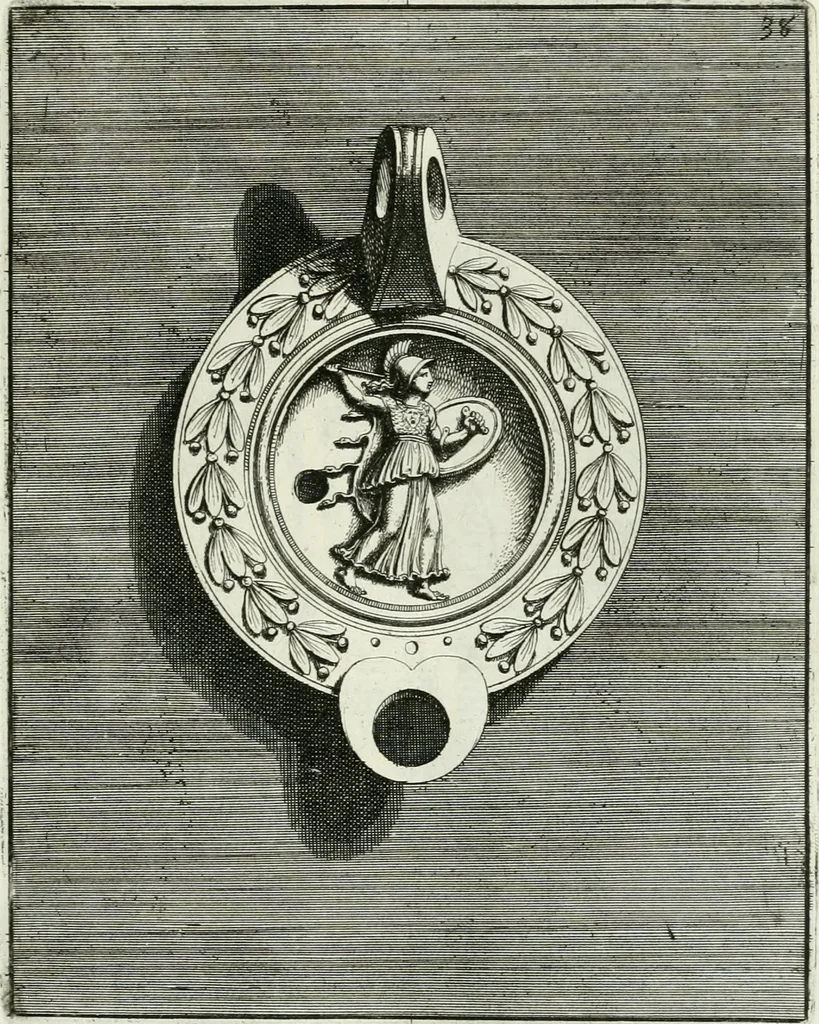 An illustration from Le antiche lucerne sepolcrali figurate : raccolte dalle caue sotterranee e grotte di Roma, nelle quali si contengono molte erudite memorie, 1691, leaf 182