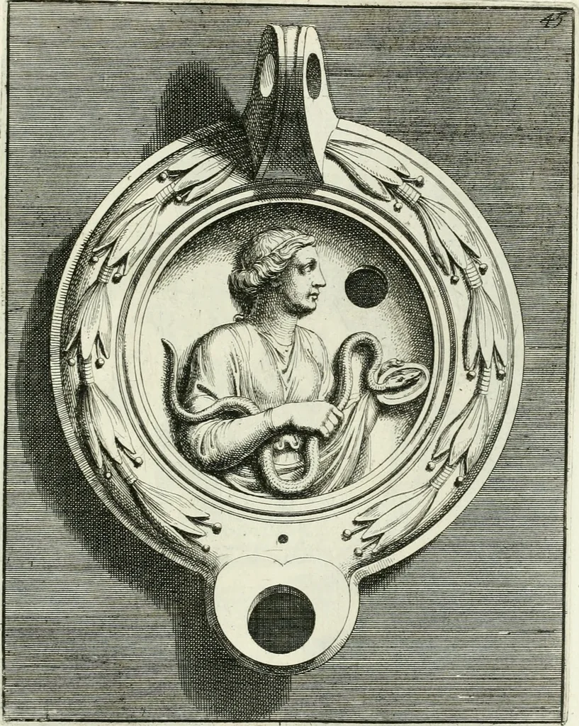 An illustration from Le antiche lucerne sepolcrali figurate : raccolte dalle caue sotterranee e grotte di Roma, nelle quali si contengono molte erudite memorie, 1691, leaf 196