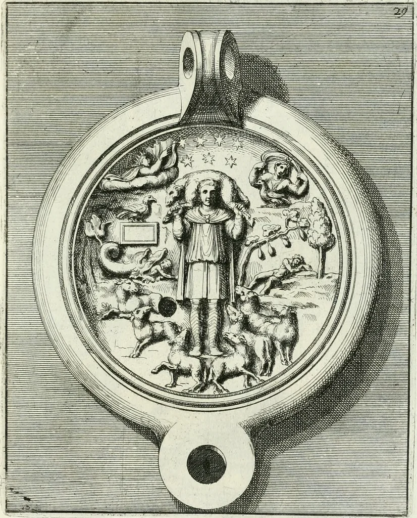 An illustration from Le antiche lucerne sepolcrali figurate : raccolte dalle caue sotterranee e grotte di Roma, nelle quali si contengono molte erudite memorie, 1691, leaf 274