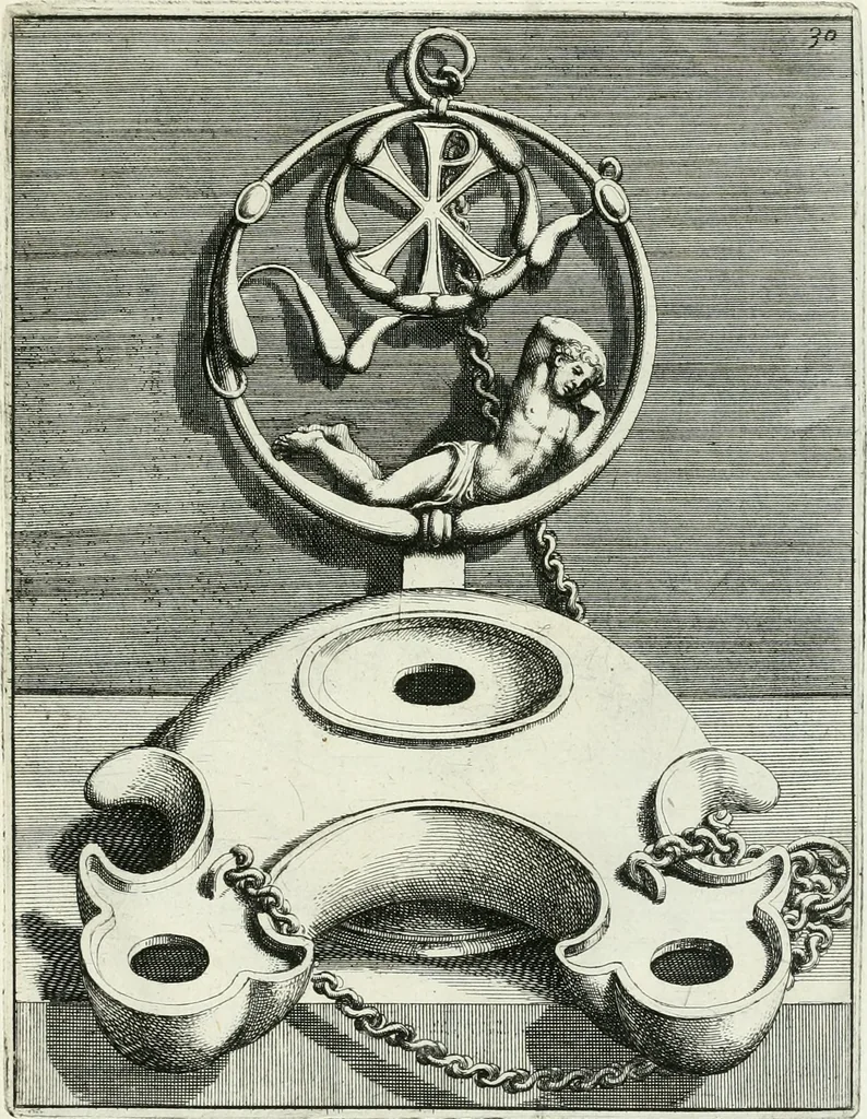 An illustration from Le antiche lucerne sepolcrali figurate : raccolte dalle caue sotterranee e grotte di Roma, nelle quali si contengono molte erudite memorie, 1691, leaf 276