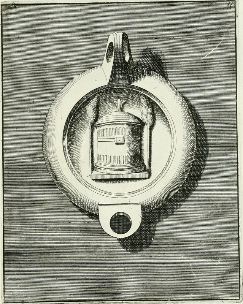 An illustration from Le antiche lucerne sepolcrali figurate : raccolte dalle caue sotterranee e grotte di Roma, nelle quali si contengono molte erudite memorie, 1691, leaf 36
