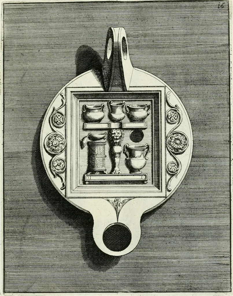An illustration from Le antiche lucerne sepolcrali figurate : raccolte dalle caue sotterranee e grotte di Roma, nelle quali si contengono molte erudite memorie, 1691, leaf 46
