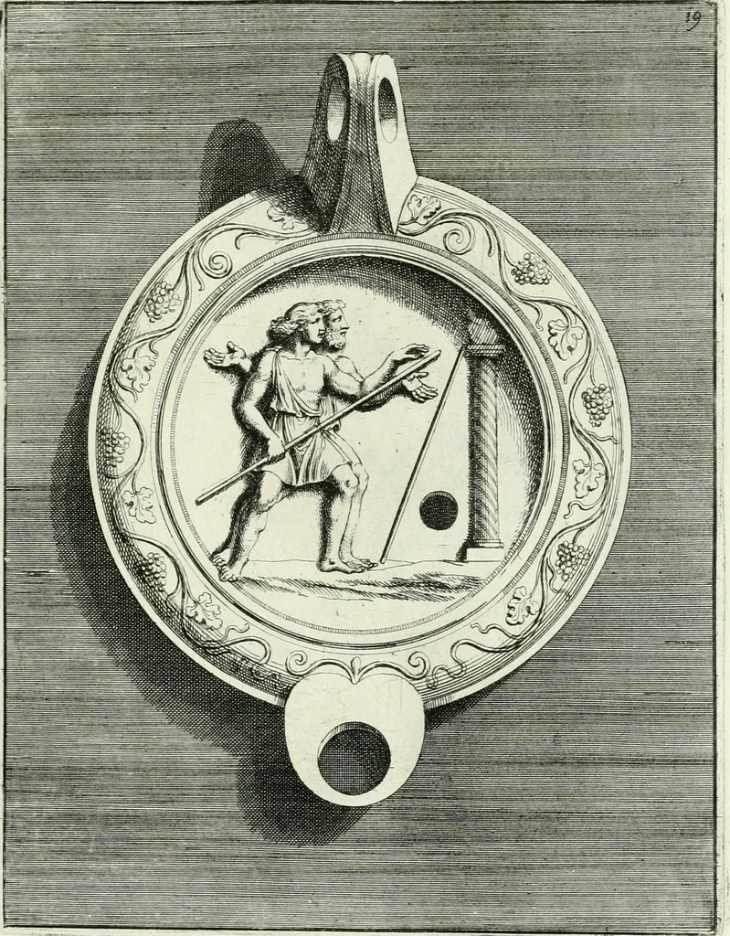 An illustration from Le antiche lucerne sepolcrali figurate : raccolte dalle caue sotterranee e grotte di Roma, nelle quali si contengono molte erudite memorie, 1691, leaf 52