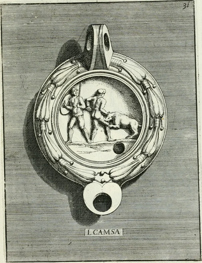 An illustration from Le antiche lucerne sepolcrali figurate : raccolte dalle caue sotterranee e grotte di Roma, nelle quali si contengono molte erudite memorie, 1691, leaf 76