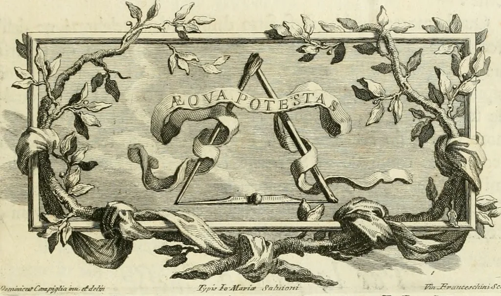 An illustration from L'eccellenza delle tre nobili, e belle arti, pittura, scultura, e architettura : dimostrata nel Campidoglio dall'insigne Accademia di San Luca, nella quale doveva risiedere come principe il sig. cav. Cammillo Rusconi ed in sua mancanza risiederono il sig. cav. Ant. Valerj, ed il sig. Gio. Paolo Melchiori, consiglieri l'anno M.DCCXXVIII .., 1729, leaf 12