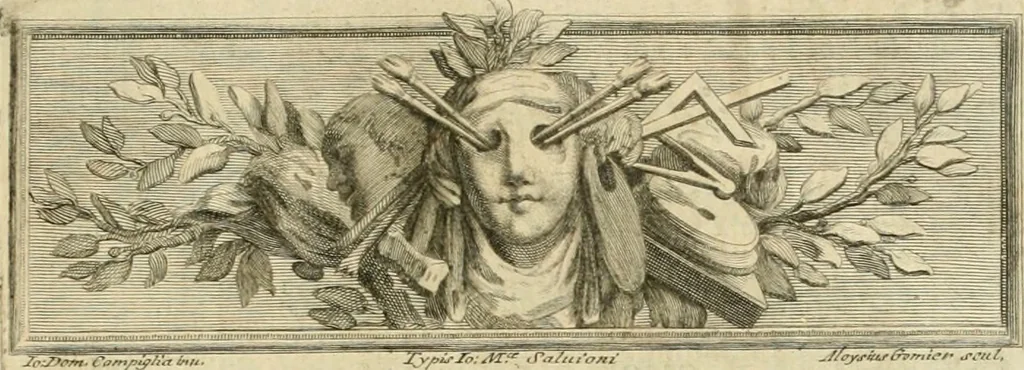 An illustration from L'eccellenza delle tre nobili, e belle arti, pittura, scultura, e architettura : dimostrata nel Campidoglio dall'insigne Accademia di San Luca, nella quale doveva risiedere come principe il sig. cav. Cammillo Rusconi ed in sua mancanza risiederono il sig. cav. Ant. Valerj, ed il sig. Gio. Paolo Melchiori, consiglieri l'anno M.DCCXXVIII .., 1729, leaf 64
