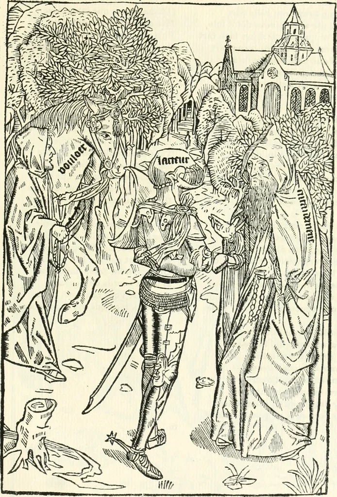 An illustration from Le chevalier délibéré, 1898, leaf 32