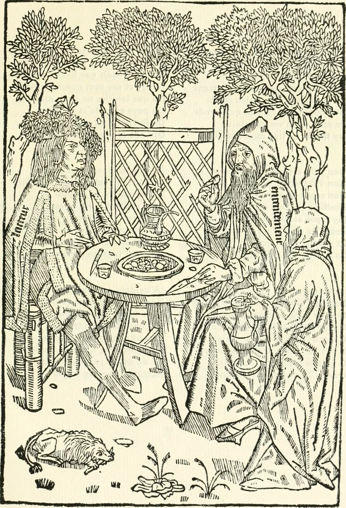 An illustration from Le chevalier délibéré, 1898, leaf 34