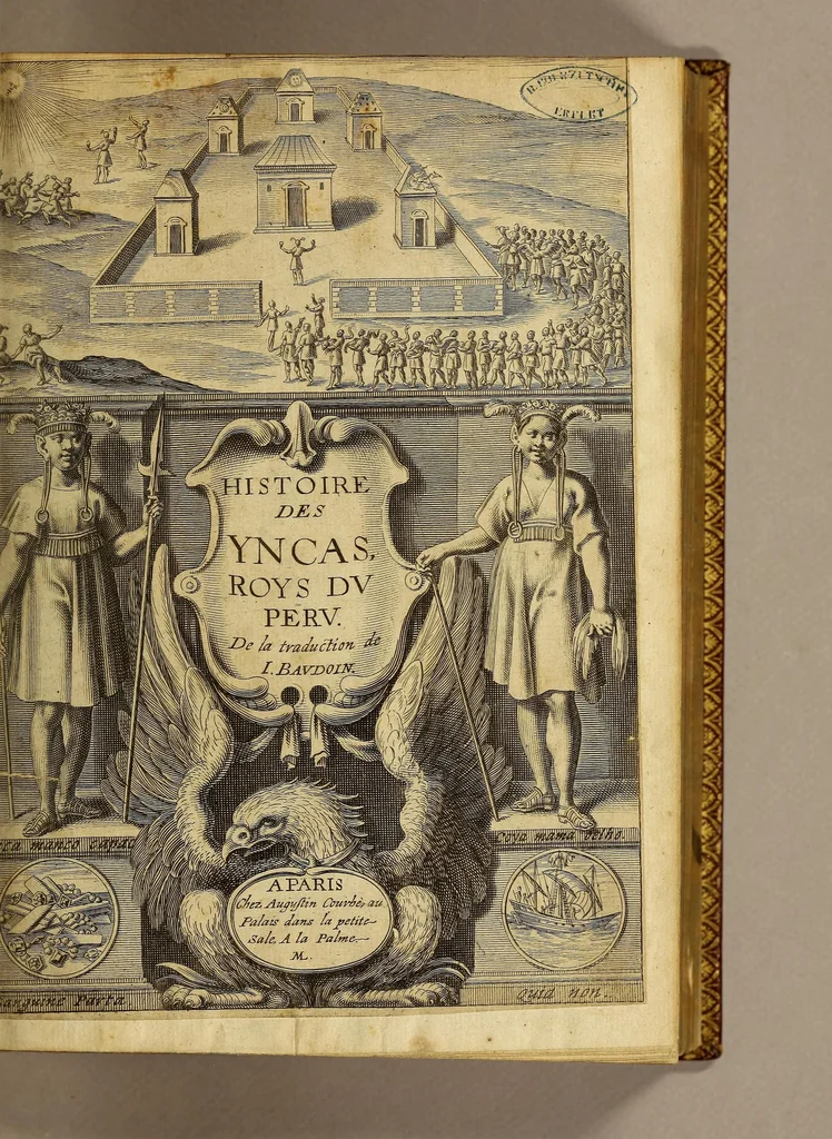 An illustration from Le commentaire royal, ov L'histoire des Yncas, roys dv Perv; contenant leur origine, depuis le premier Ynca Manco Capac, leur establissement, leur idolatrie, leurs sacrifices, leurs vies, leurs loix, leur gouuernement en paix & en guerre, leurs conquestes; les merueilles du temple du soleil; ses incroyables richesses, & tout l'estat de ce grand empire, auant que les Espagnols s'en fissent maistres, au temps de Huascar, & d'Atahuallpa. ... Oeuure curieuse, & tout à faict necessaire à l'intelligence de l'histoire des Indes., 1633, leaf 7